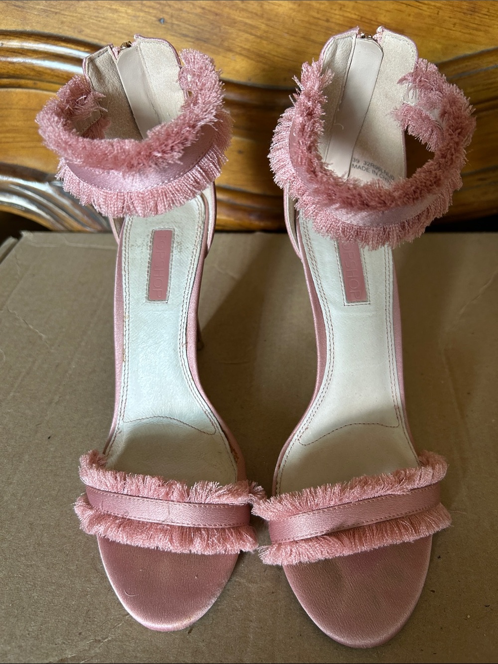 Topshop Dusty Pink Fringed Ankle-Strap Heels